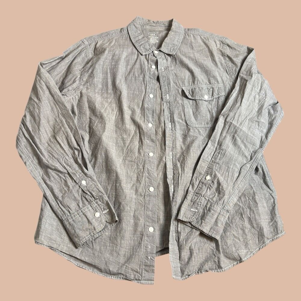 Save Khaki United Button Up Shirt Mens XL Gray Woven Cotton Long Sleeve USA Made